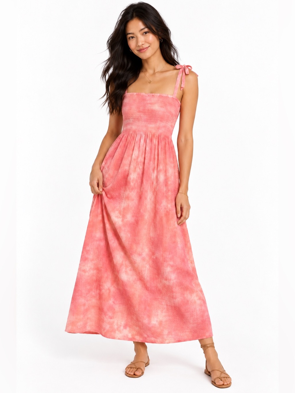 FAHERTY Dune Ella Organic Cotton Gauze Maxi Dress Coral Skies Tie Dye NWT